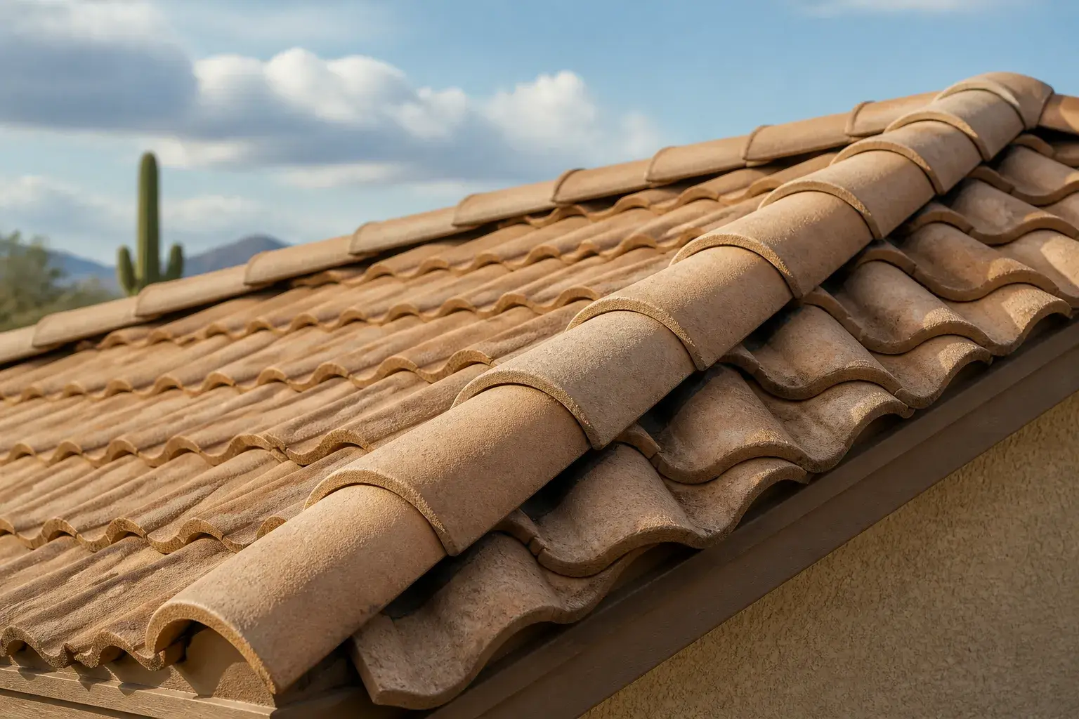 Close detail of neatly installed tan roof tiles