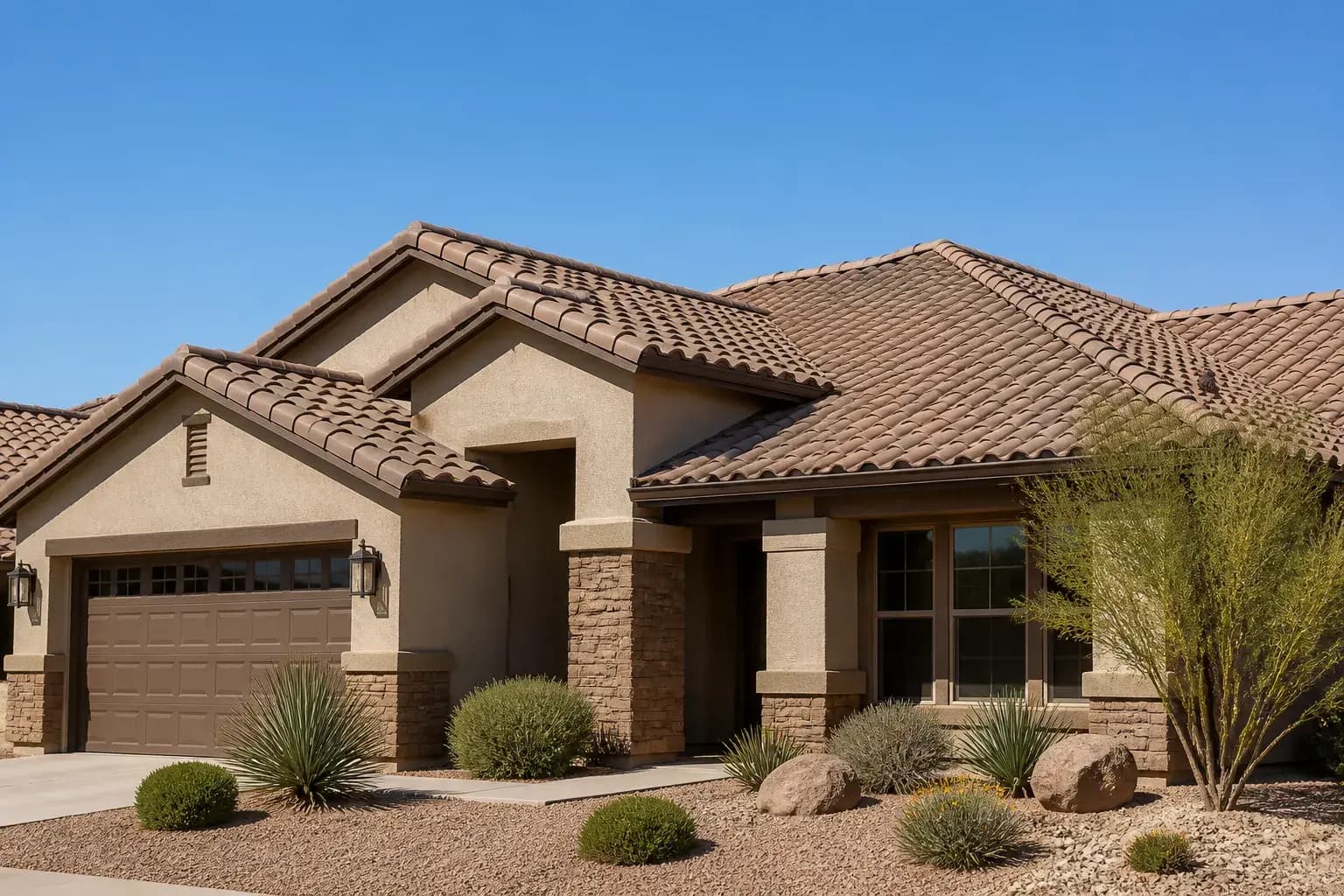 Completed tile roofing project on a Mesa suburban home